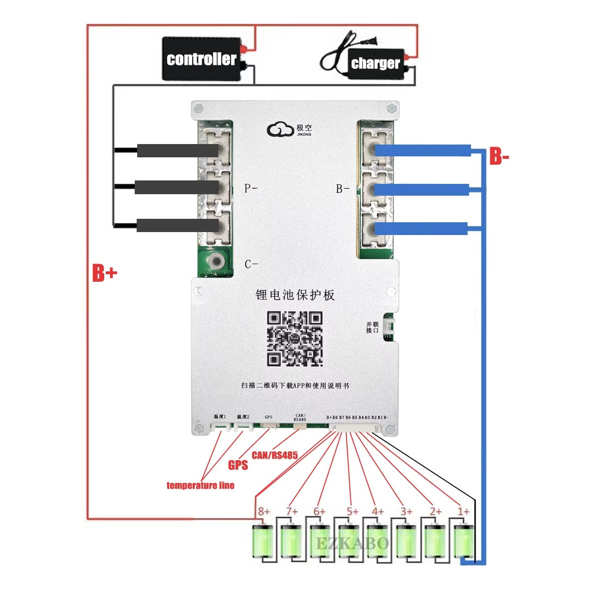 Battery BMS SMART BMS JK-B2A8S30P with 300A max current and 2A active balancing