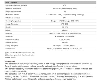 Deye RW-F16 LiFePO4 Battery 51.2V 16kWh High-Performance Energy Storage