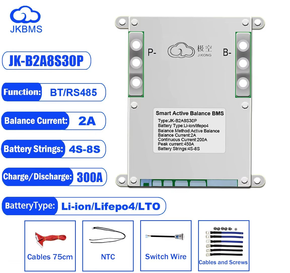 Battery BMS SMART BMS JK-B2A8S30P with 300A max current and 2A active balancing